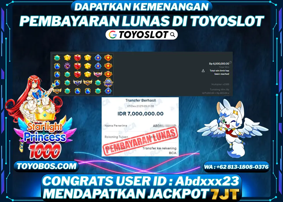 TOYOSLOT - BUKTI KEMENANGAN JACKPOT Starlight Princess 1000 Rp7,000,000,- LUNAS